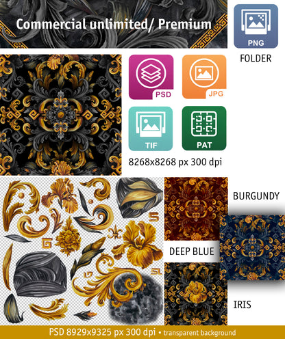 Golden Iris Elegy — Luxury Seamless Pattern for Wallpaper, Textile & Apparel | Hand-painted Premium Design