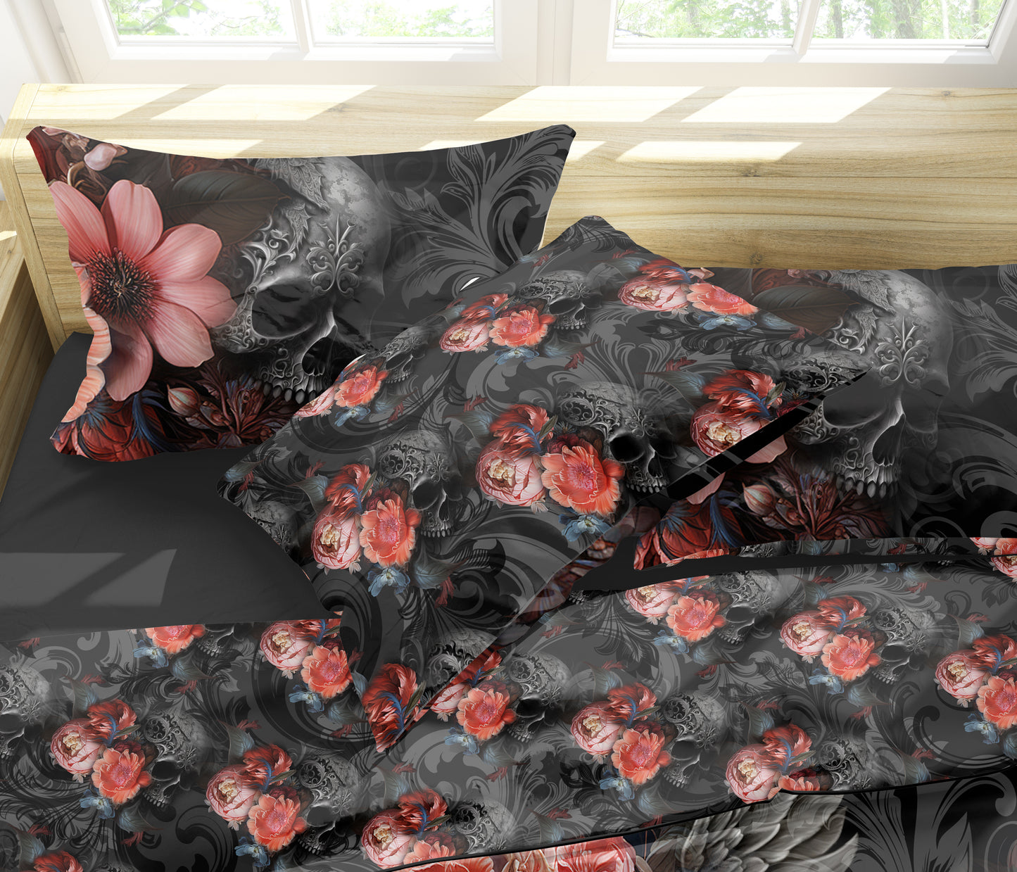 Juego de cama con diseño gótico de calavera romántica • Diseño impreso a 2 caras • Personalizado • Juego de funda nórdica con fundas de almohada • Full Queen King