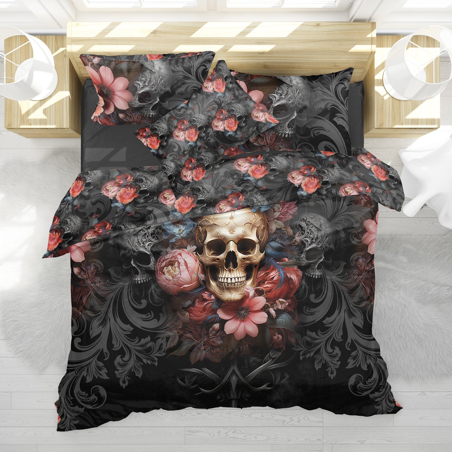 Juego de cama con diseño gótico de calavera romántica • Diseño impreso a 2 caras • Personalizado • Juego de funda nórdica con fundas de almohada • Full Queen King