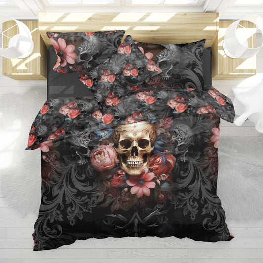 Juego de cama con diseño gótico de calavera romántica • Diseño impreso a 2 caras • Personalizado • Juego de funda nórdica con fundas de almohada • Full Queen King