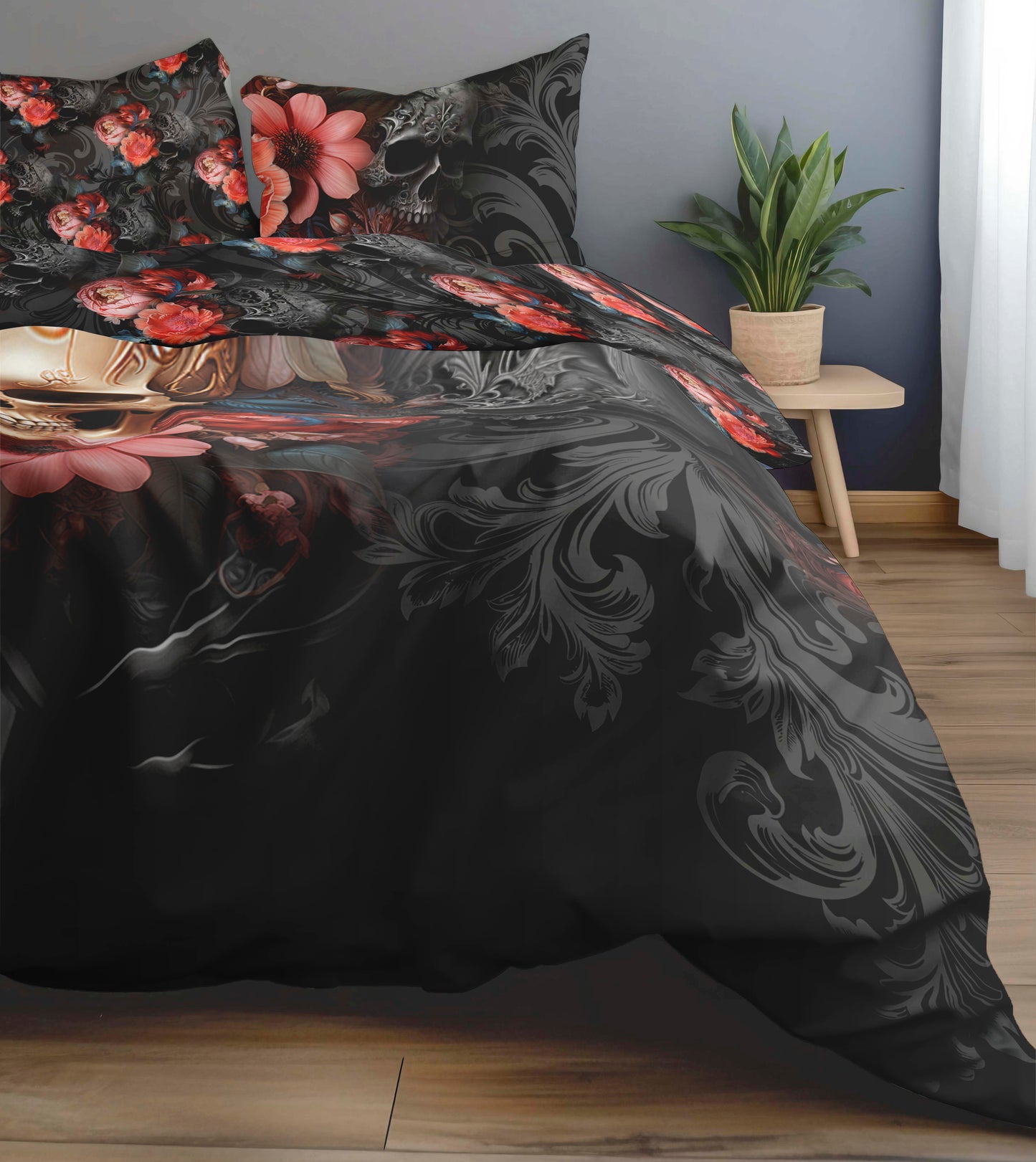 Juego de cama con diseño gótico de calavera romántica • Diseño impreso a 2 caras • Personalizado • Juego de funda nórdica con fundas de almohada • Full Queen King