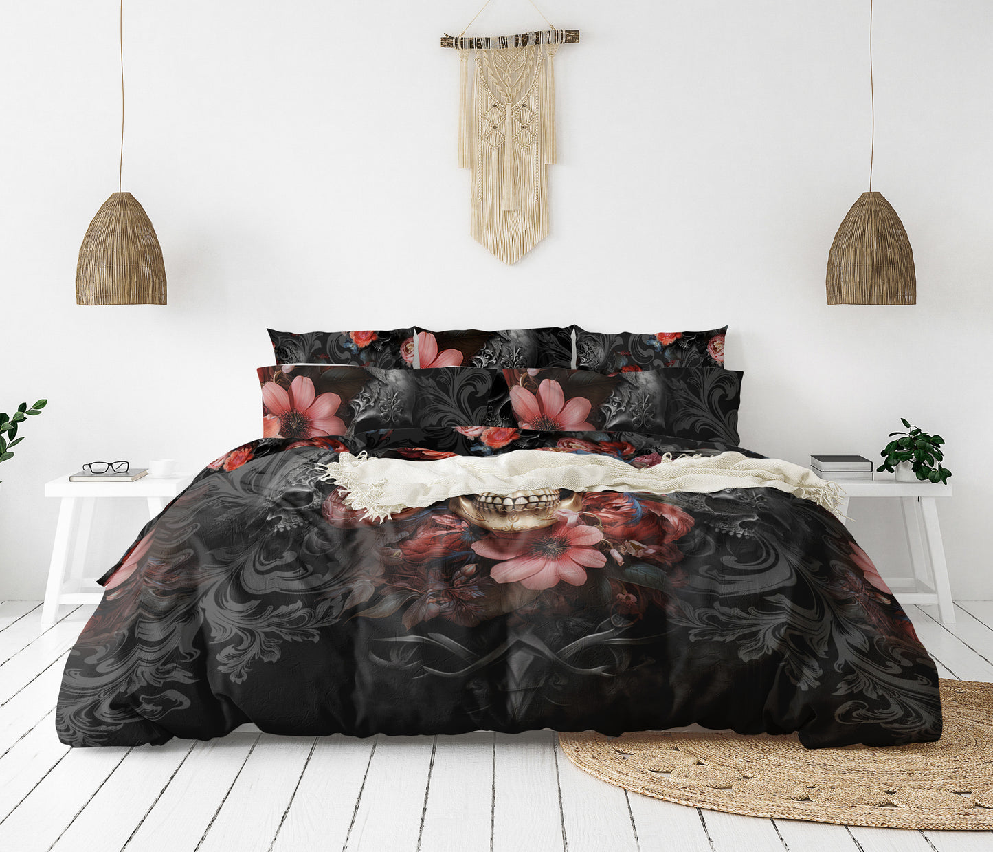Juego de cama con diseño gótico de calavera romántica • Diseño impreso a 2 caras • Personalizado • Juego de funda nórdica con fundas de almohada • Full Queen King