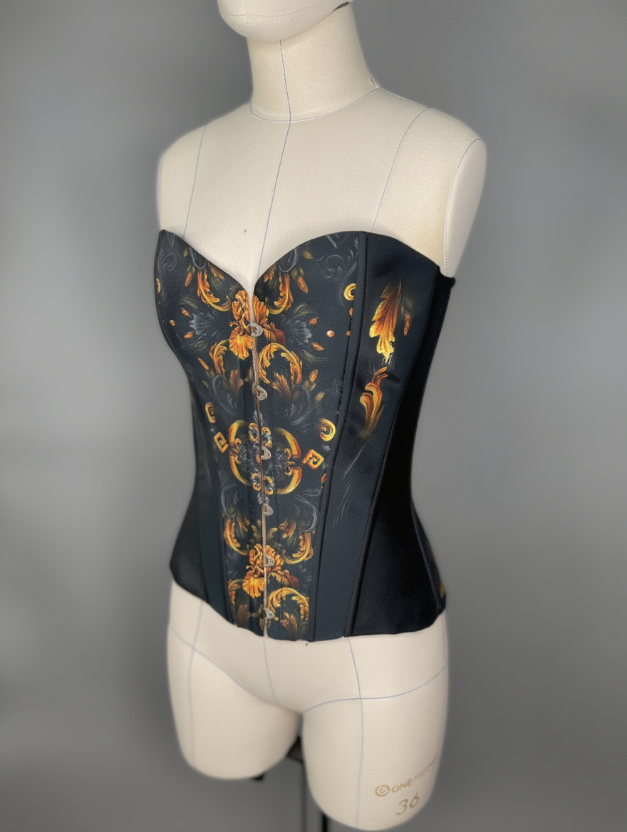 "Golden Iris" Luxury Art Corset • Full Bust & Slim Waist • Hand-painted baroque print, premium tailoring