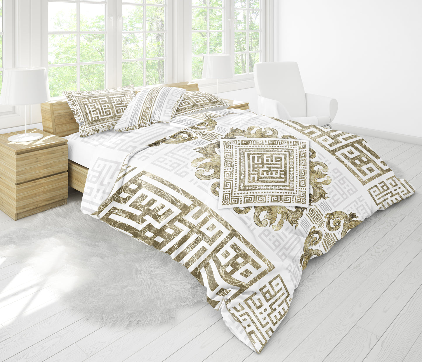 Juego de cama "Myconos"• Minimalismo estilo griego diseño blanco dorado • diseño reversible
