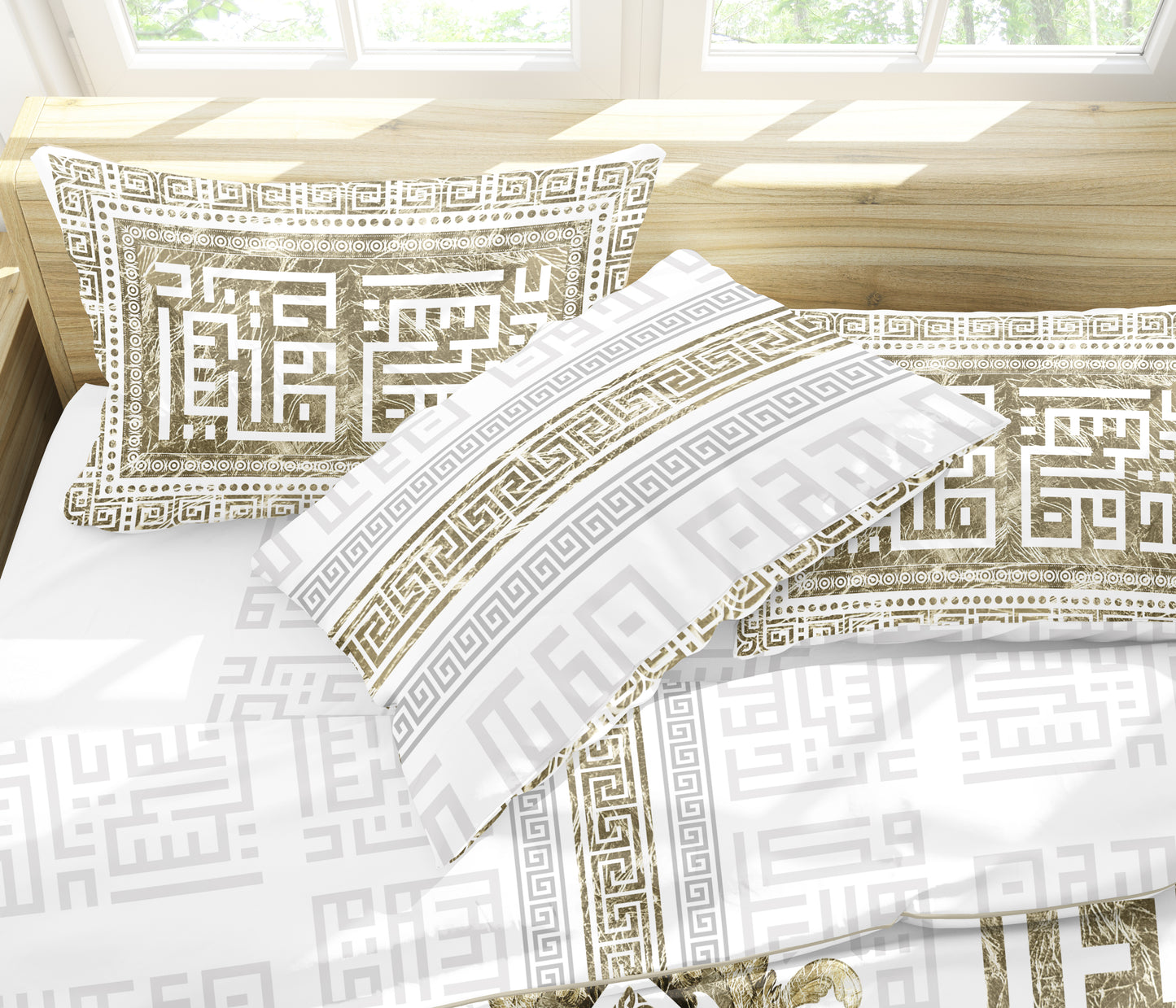 Juego de cama "Myconos"• Minimalismo estilo griego diseño blanco dorado • diseño reversible