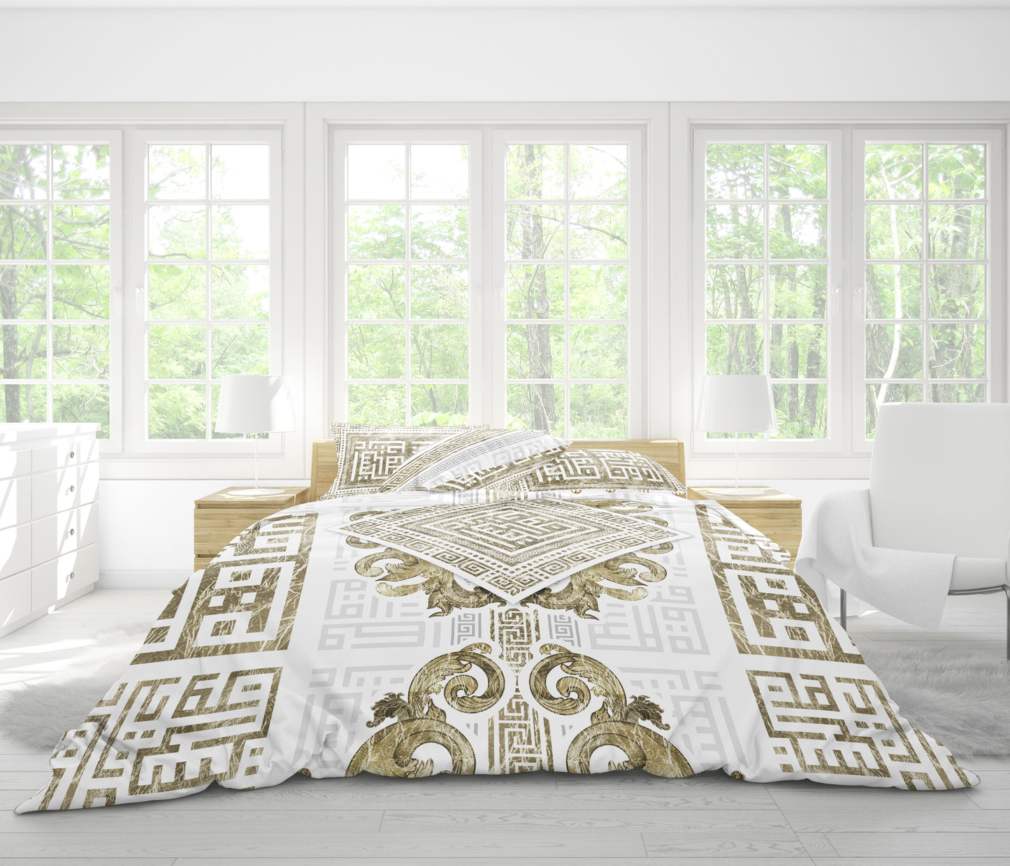 Juego de cama "Myconos"• Minimalismo estilo griego diseño blanco dorado • diseño reversible