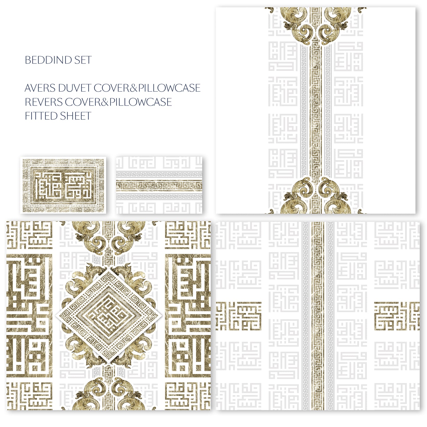 Juego de cama "Myconos"• Minimalismo estilo griego diseño blanco dorado • diseño reversible