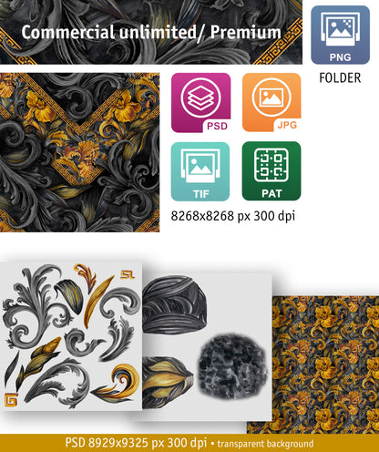 Golden Iris Damask — Luxury Seamless Pattern for Wallpaper, Textile & Apparel | Hand-painted Premium Design