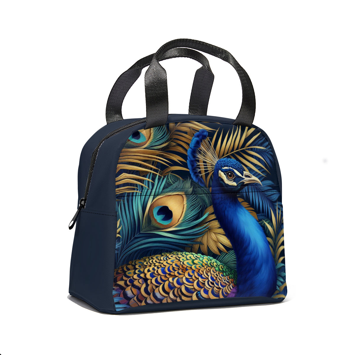 Tropical art peacock jungle design canvas insulated tote bag