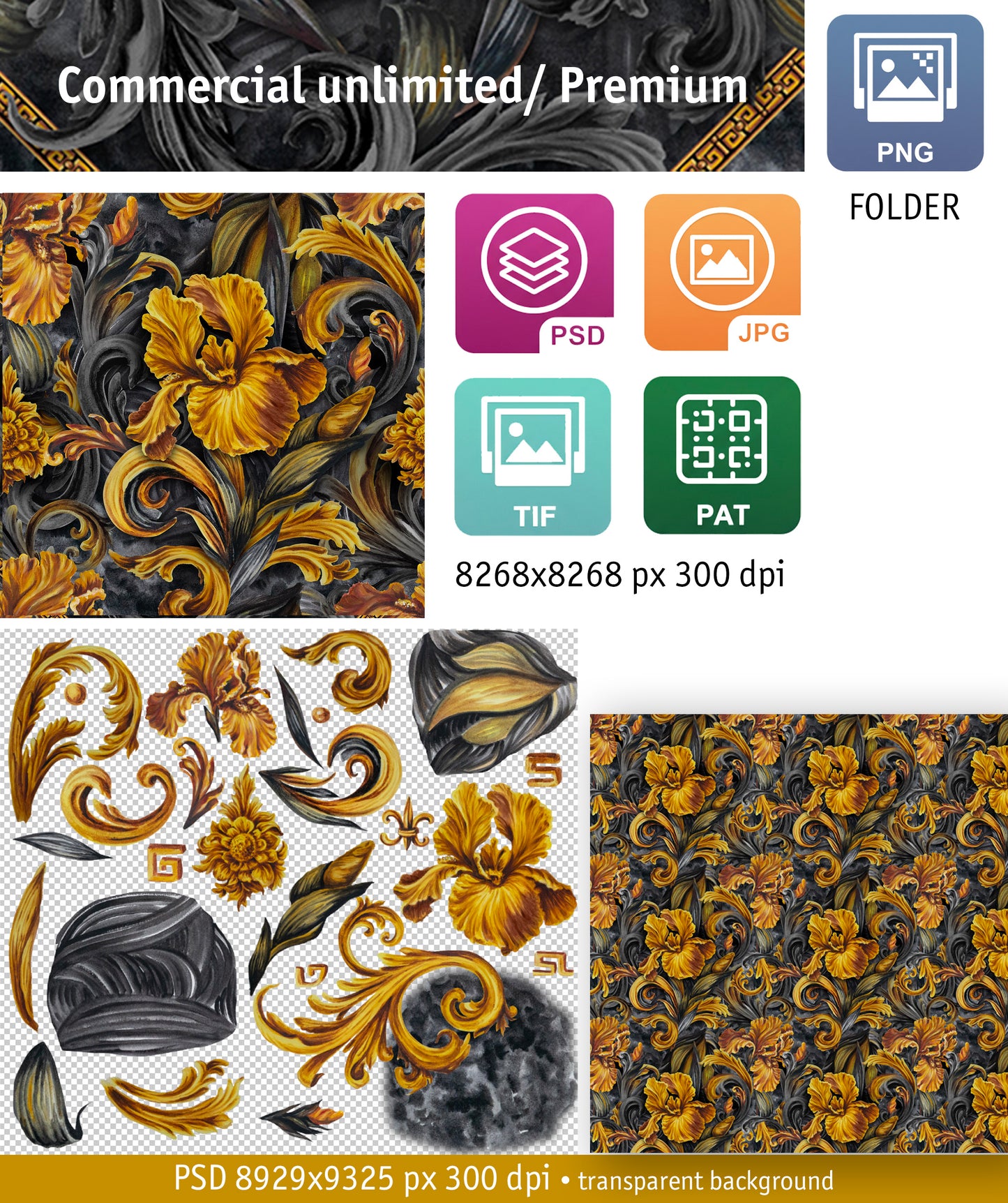 Golden Iris — Luxury Seamless Pattern for Wallpaper, Textile & Apparel | Hand-painted Premium Design