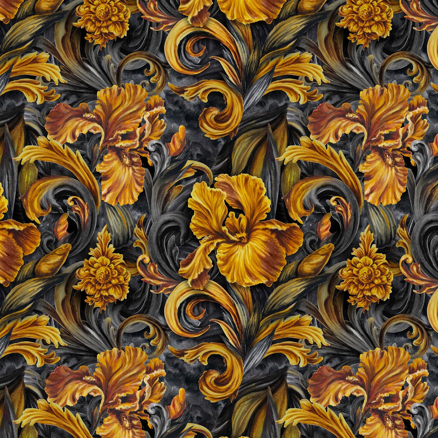 Golden Iris — Luxury Seamless Pattern for Wallpaper, Textile & Apparel | Hand-painted Premium Design