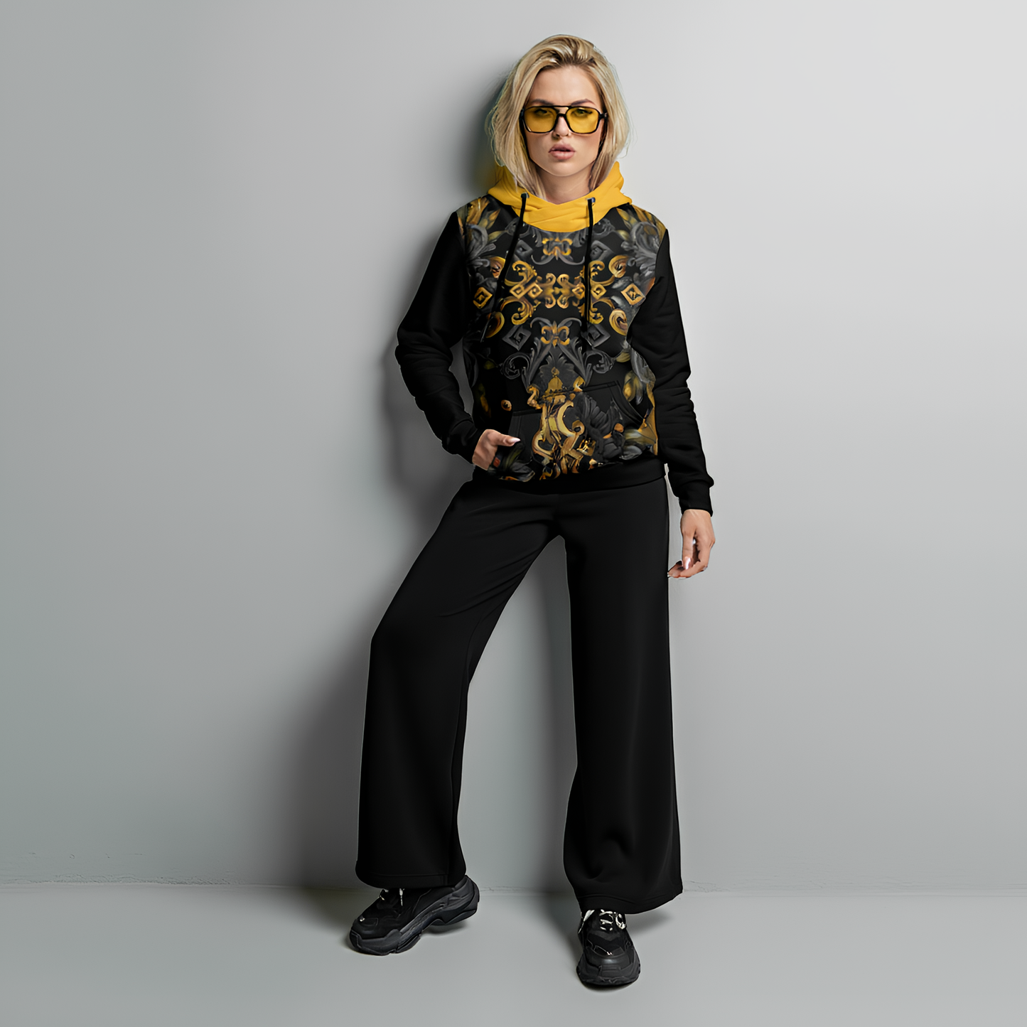 Women's Patchwork Hoodie Golden Iris — Luxury Seamless Pattern  | Hand-painted Premium Design