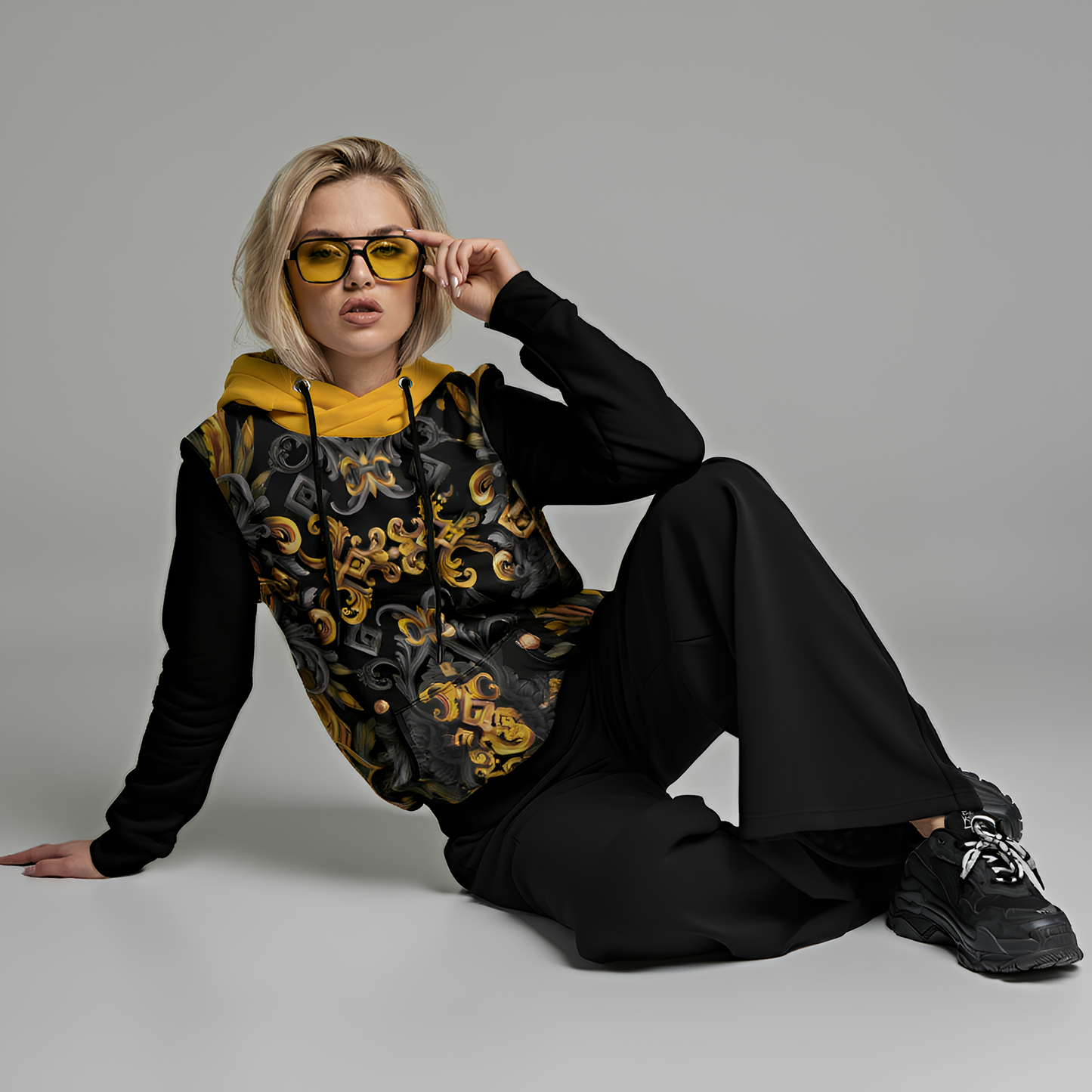 Women's Patchwork Hoodie Golden Iris — Luxury Seamless Pattern  | Hand-painted Premium Design