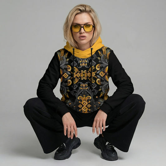 Sudadera con capucha de patchwork para mujer Golden Iris — Patrón de lujo sin costuras | Diseño premium pintado a mano