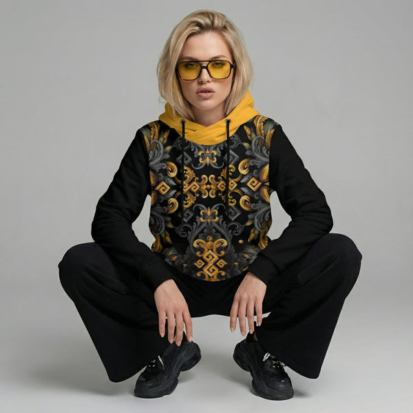 Women's Patchwork Hoodie Golden Iris — Luxury Seamless Pattern  | Hand-painted Premium Design