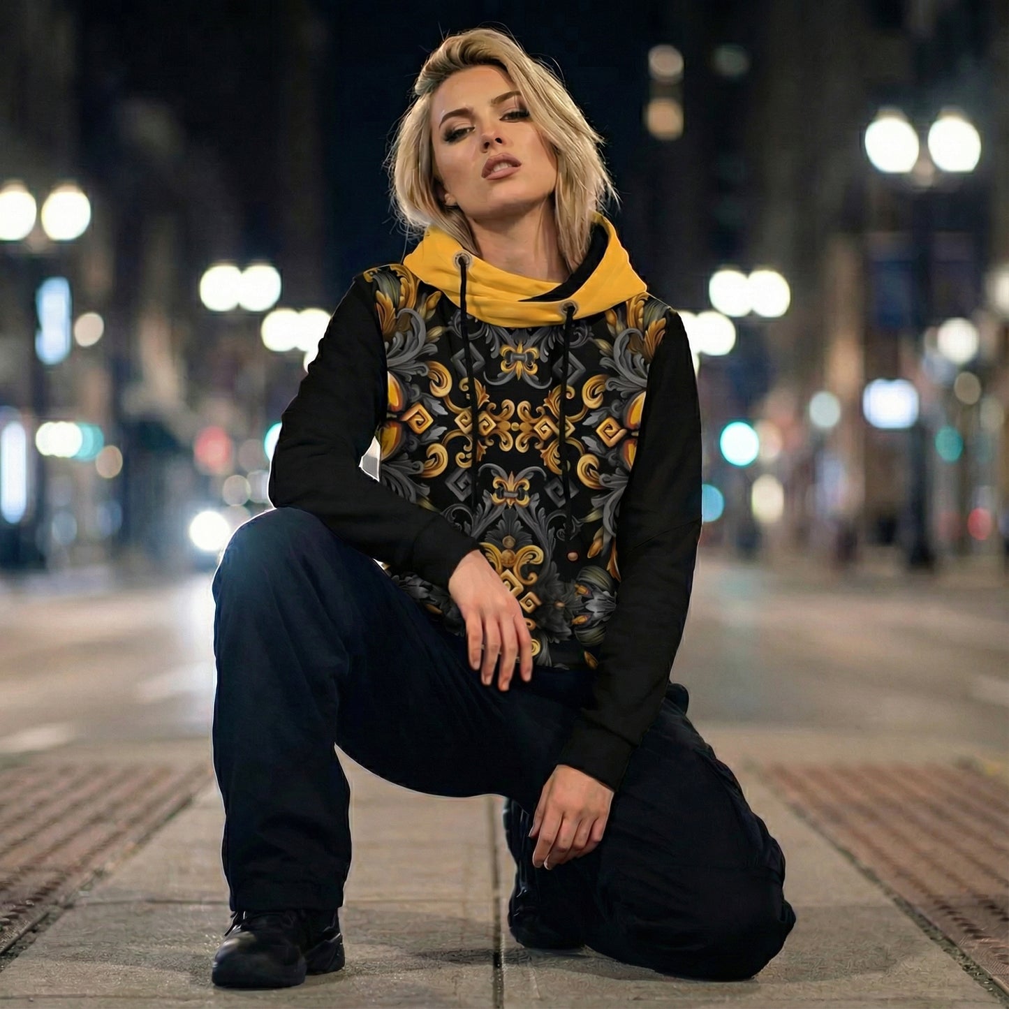 Women's Patchwork Hoodie Golden Iris — Luxury Seamless Pattern  | Hand-painted Premium Design