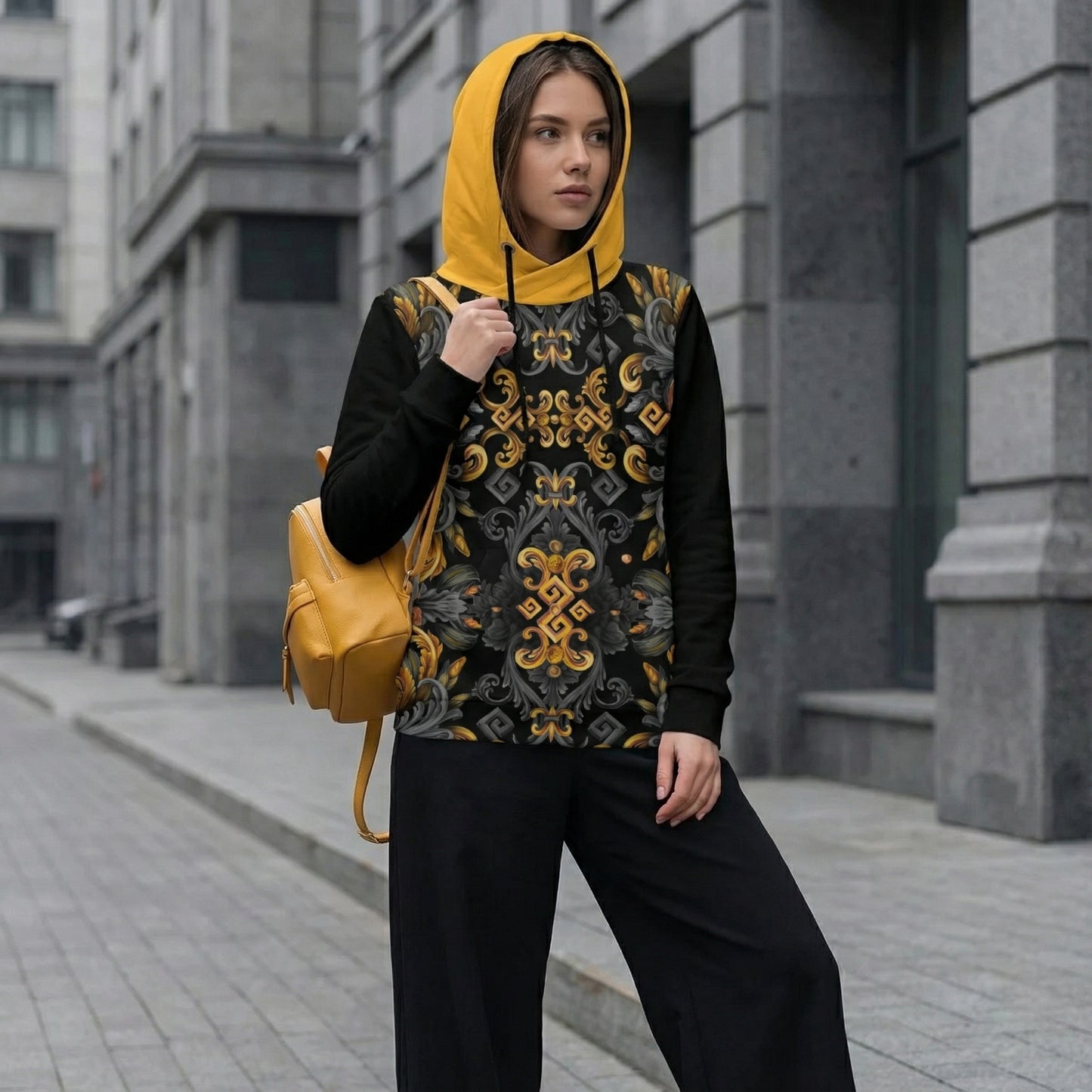 Women's Patchwork Hoodie Golden Iris — Luxury Seamless Pattern  | Hand-painted Premium Design