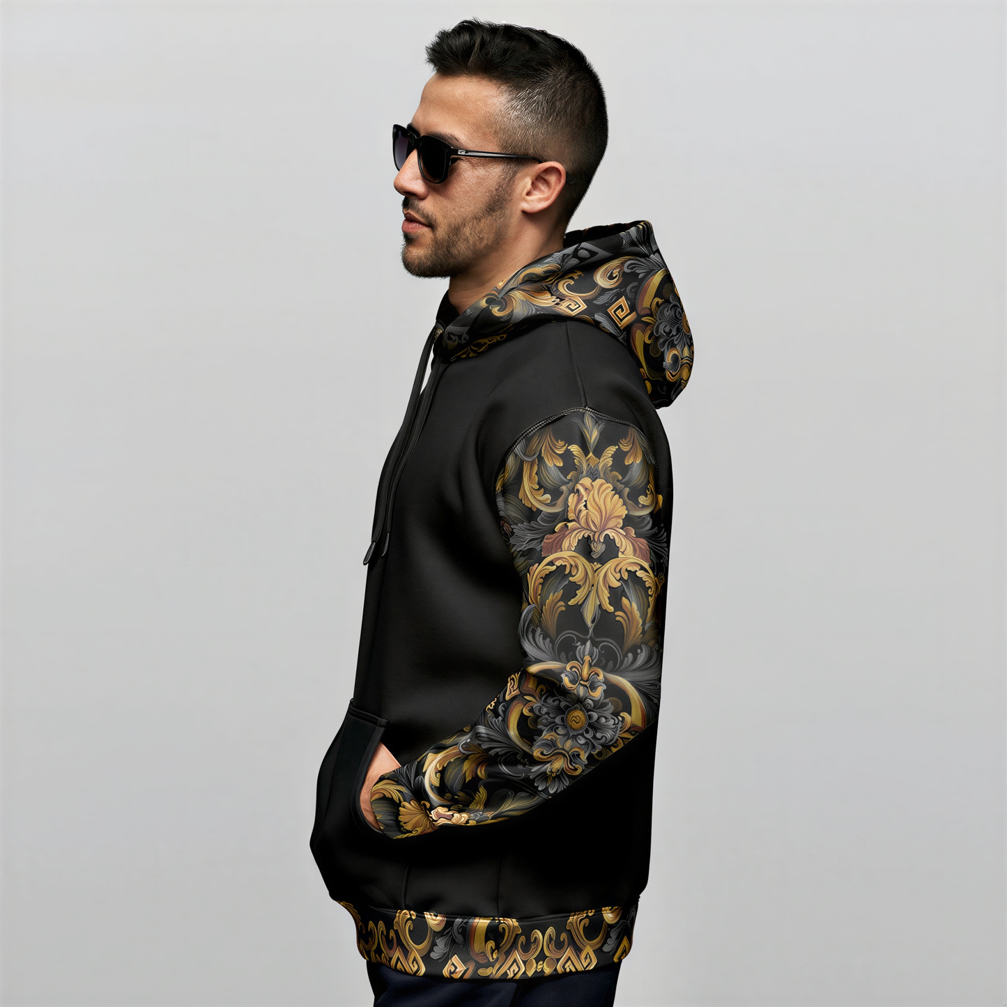 Men's Thicken Pullover Hoodie Golden Iris — Luxury Seamless Pattern  | Hand-painted Premium Design