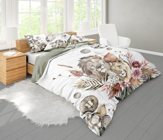Romántico diseño estilo Safari con leones en acuarela Juego de ropa de cama • Diseño impreso a 2 caras • Tela de algodón o microfibra • AU, UE, EE. UU.