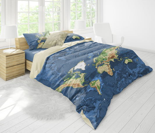 Diseño de mapa mundial • Juego de cama suave • 100% algodón • Diseño impreso a 2 caras
