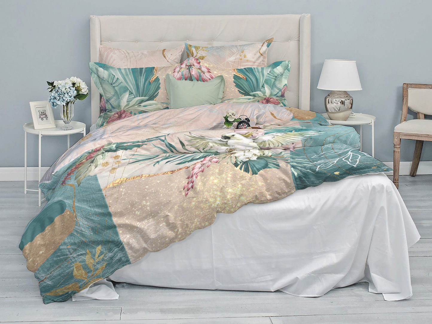 Juego de ropa de cama con pájaros tropicales • 100% algodón • Ropa de cama personalizada • Diseño reversible • Juego de funda nórdica QUILT • Full Queen King Todos los tamaños