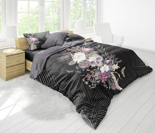Juego de cama con diseño gótico de calavera romántica • Personalizado • Diseño reversible • Juego de funda nórdica con fundas de almohada • Full Queen King