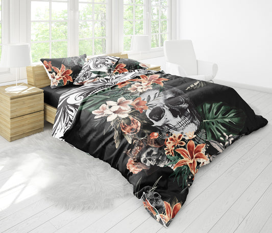 Juego de cama con diseño gótico de calavera romántica • Diseño impreso a 2 caras • Personalizado • Juego de funda nórdica con fundas de almohada • Full Queen King