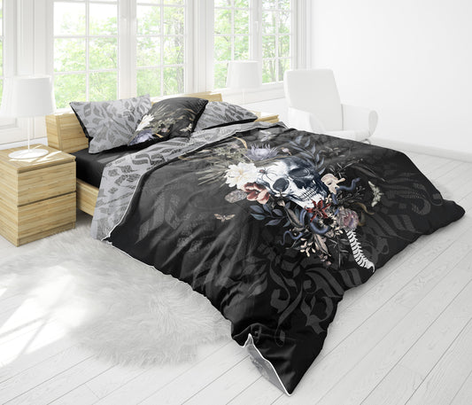 Juego de cama con diseño gótico de calavera romántica • Diseño impreso a 2 caras • Personalizado • Juego de funda nórdica con fundas de almohada • Full Queen King