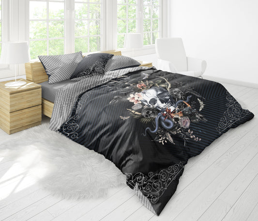 Juego de cama de 3 pzs con diseño gótico de calavera • Ropa de cama personalizada • Diseño impreso a 2 caras • Juego de funda nórdica con fundas de almohada • Full Queen King