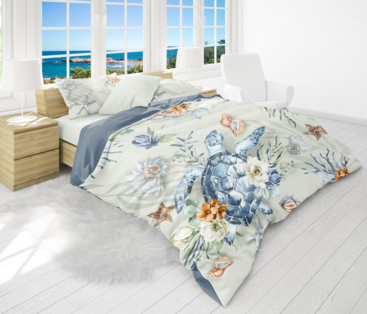 Diseño marino estilo Costa Tropical Juego de ropa de cama • diseño reversible • personalizado • algodón o microfibra • AU, UE, EE. UU. Queen, King size