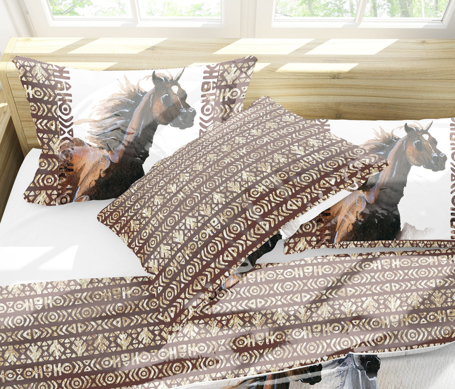 Diseño de caballos salvajes Mustang en acuarela Funda nórdica Juego de cama con fundas de almohada • Diseño reversible • 100% algodón • QUEEN, KING