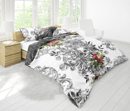 Diseño único • Juego de ropa de cama con diseño reversible gótico de calavera romántica • Personalizado • Juego de funda nórdica • Doble Full Queen King