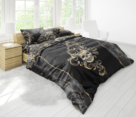 Juego de cama con diseño gótico de calavera de 3/4 psc • Diseño impreso a 2 caras • Ropa de cama personalizada • Juego de funda nórdica con fundas de almohada • Full Queen King