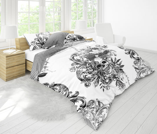 Juego de cama con diseño gótico de calavera de 3/4 psc • Diseño impreso a 2 caras • Ropa de cama personalizada • Juego de funda nórdica con fundas de almohada • Full Queen King