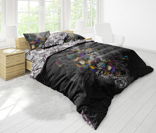 Juego de cama con diseño gótico de calavera de 3/4 psc • Diseño impreso a 2 caras • Ropa de cama personalizada • Juego de funda nórdica con fundas de almohada • Full Queen King