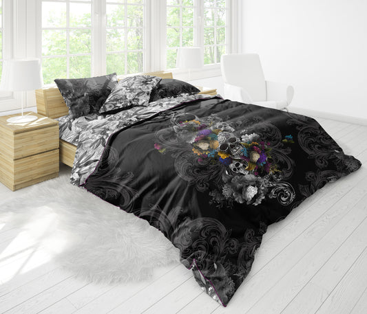 Juego de cama con diseño gótico de calavera • Diseño reversible • Edredón y funda de almohada personalizados • Funda nórdica y fundas de almohada • Doble Full Queen King