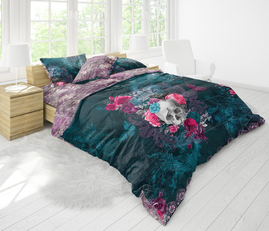 Juego de ropa de cama con diseño reversible de estilo barroco original The Skull Gothic • Tamaño UE, EE. UU. Queen, King • 100% algodón