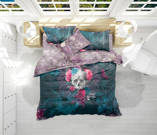Juego de ropa de cama con diseño reversible de estilo barroco original The Skull Gothic • Tamaño Queen, King para UE y EE. UU. • Satén fundente • Microfibra