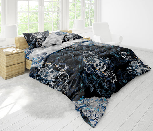 Juego de cama con diseño gótico de calavera en azul plateado • Diseño reversible • Ropa de cama personalizada • Juego de funda nórdica con fundas de almohada • Full Queen King