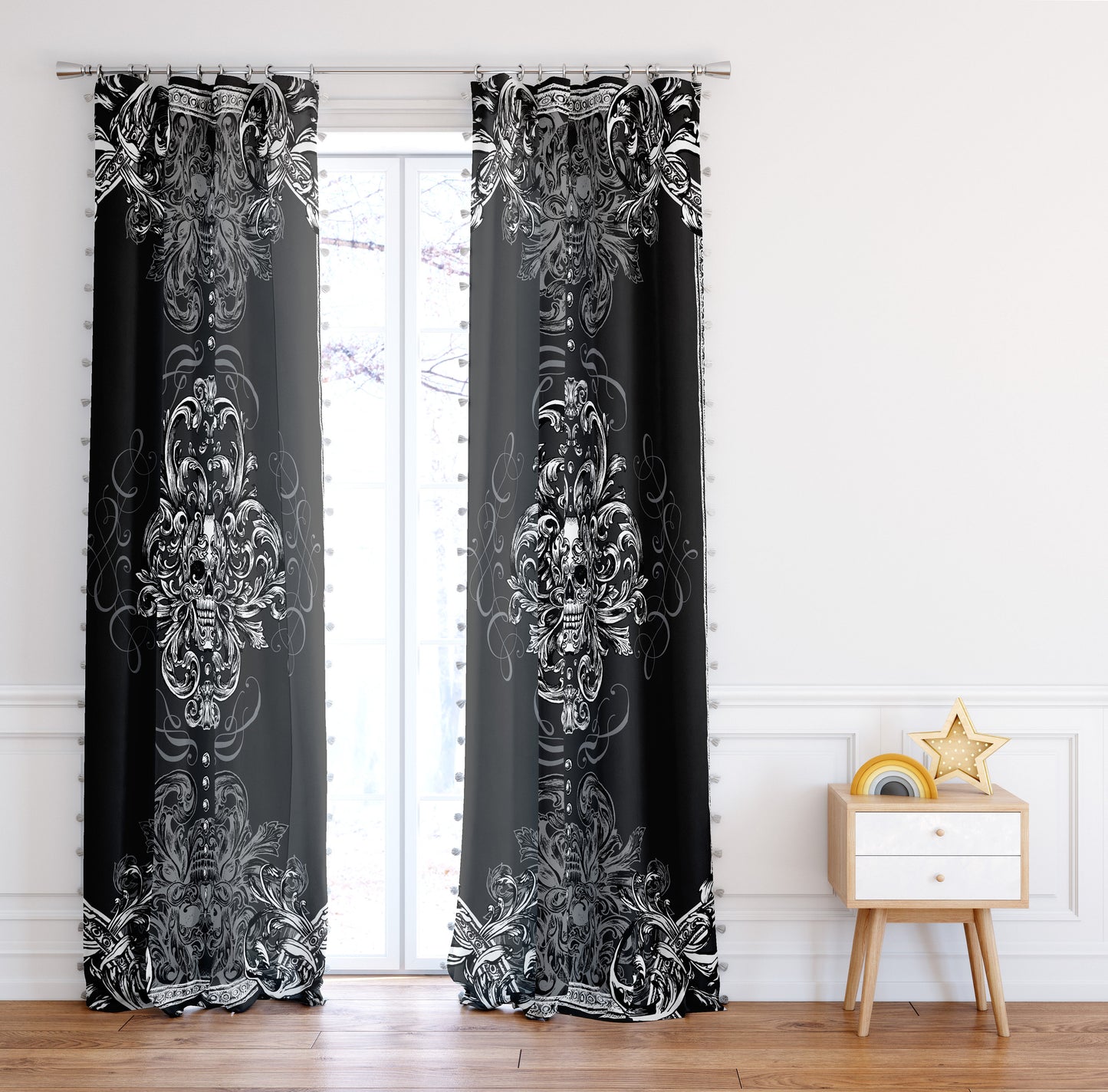 hand drawing romantic gothic scull design Curtains 2 PCS SET • room curtains • blackout • home decor