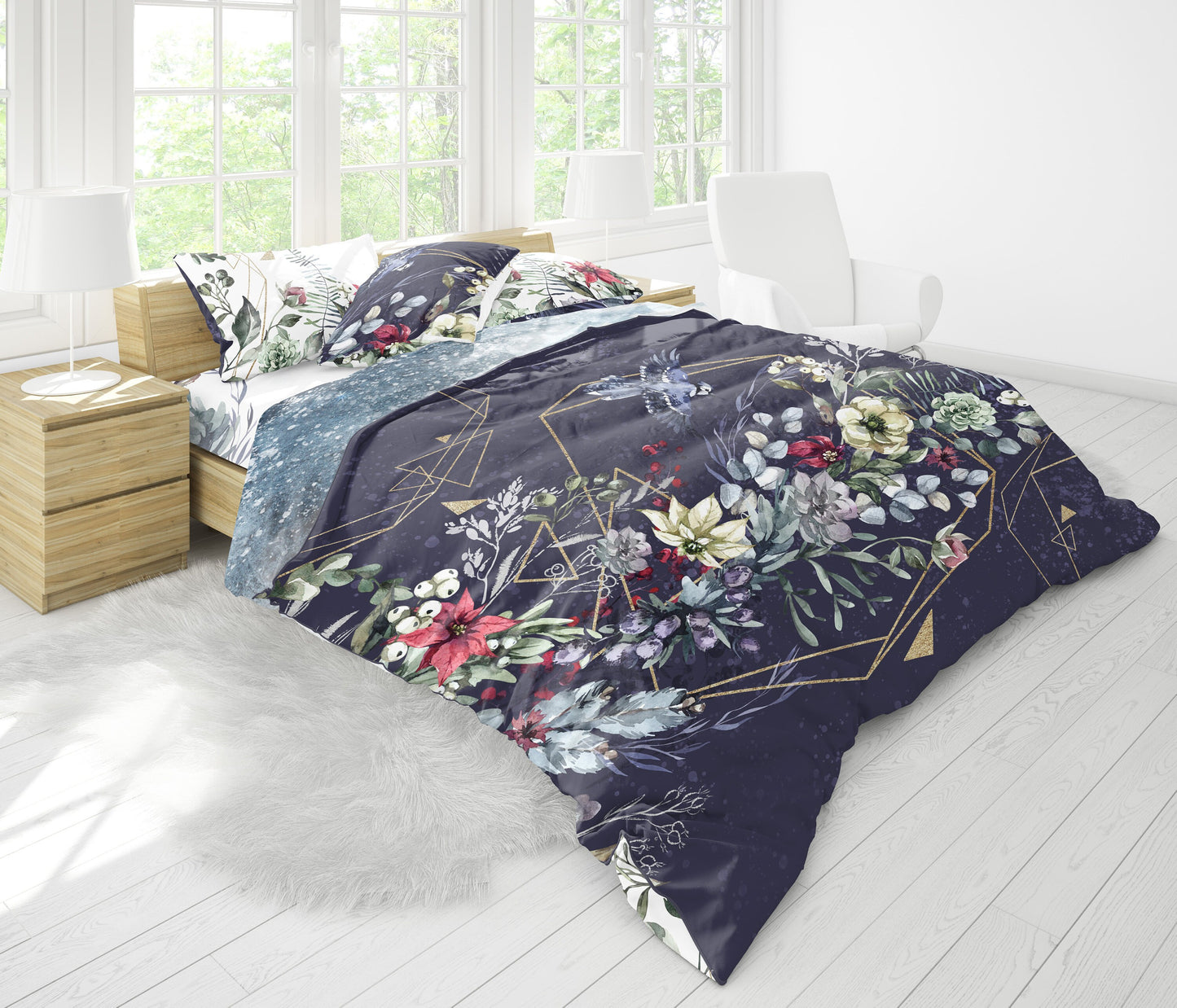 Diseño floral mágico del nuevo Día con ciervo navideño Regalo reversible personalizado Juego de ropa de cama • Algodón • AU, UE, EE. UU., reina, rey