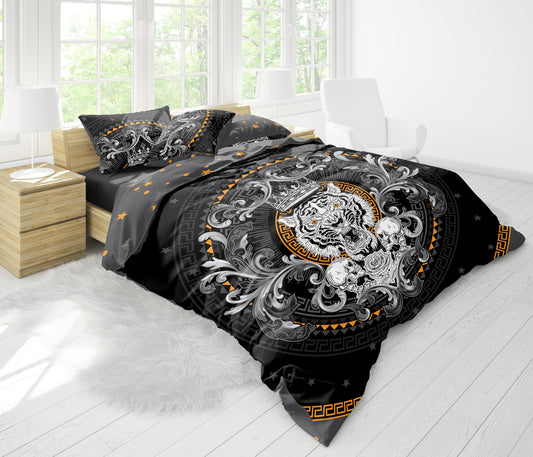 Juego de ropa de cama de 3/4 psc con diseño gótico de calavera "Tigre blanco" • Diseño impreso a 2 caras • Ropa de cama personalizada • Juego de funda nórdica con fundas de almohada
