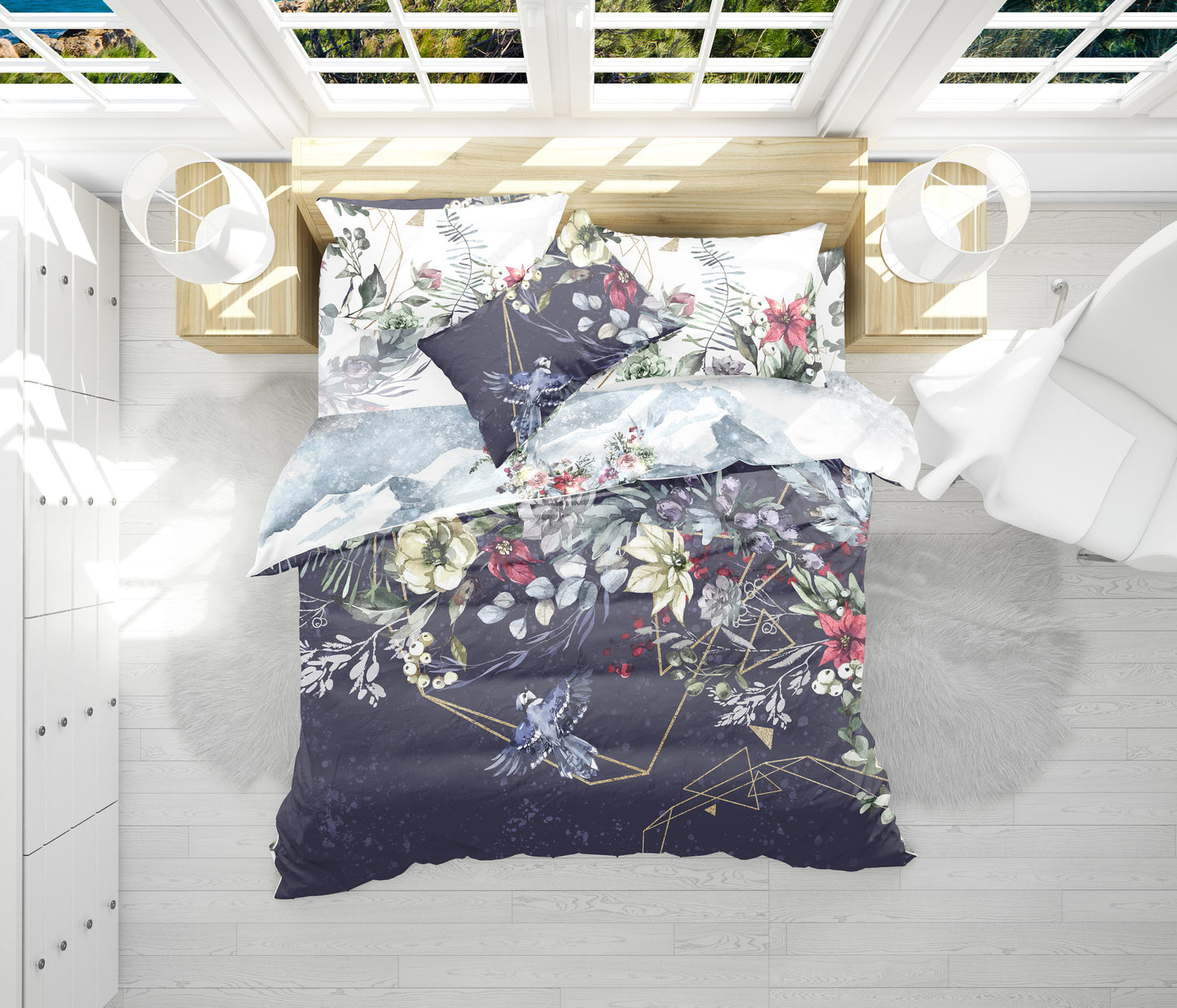 Diseño floral mágico del nuevo Día con ciervo navideño Regalo reversible personalizado Juego de ropa de cama • Algodón • AU, UE, EE. UU., reina, rey