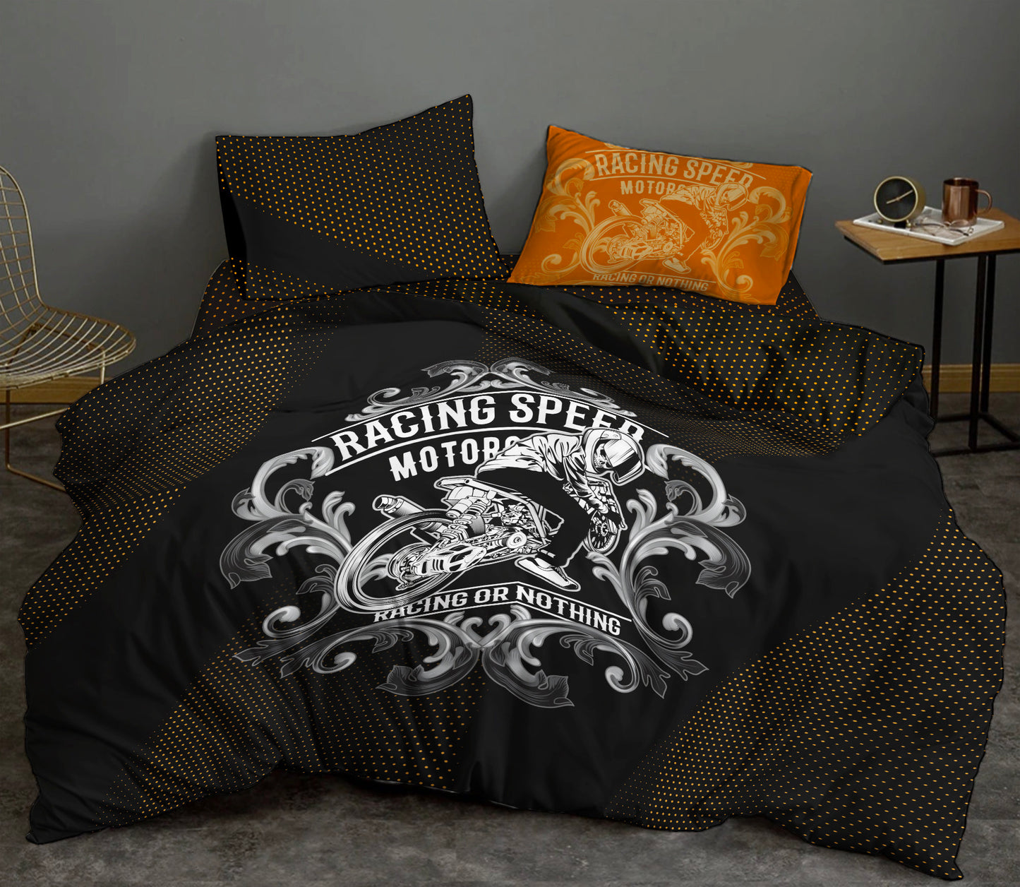 Dark skull bike 3/4 Piece comforter Bedding "Racing or Nothing" reversible design • cotton o microfiber • AU, EU, USA Queen, King size