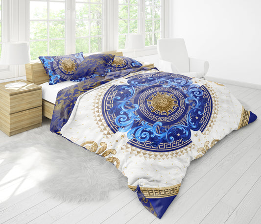 Juego de cama personalizado excéntrico barroco azul y dorado "Noira" • Diseño reversible • Algodón • Microfibra • AU, EU, USA, queen, king