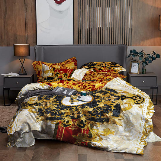 Juego de cama barroco excéntrico personalizado rojo-dorado • Diseño reversible • Algodón • poliéster • seda • tamaño queen, king