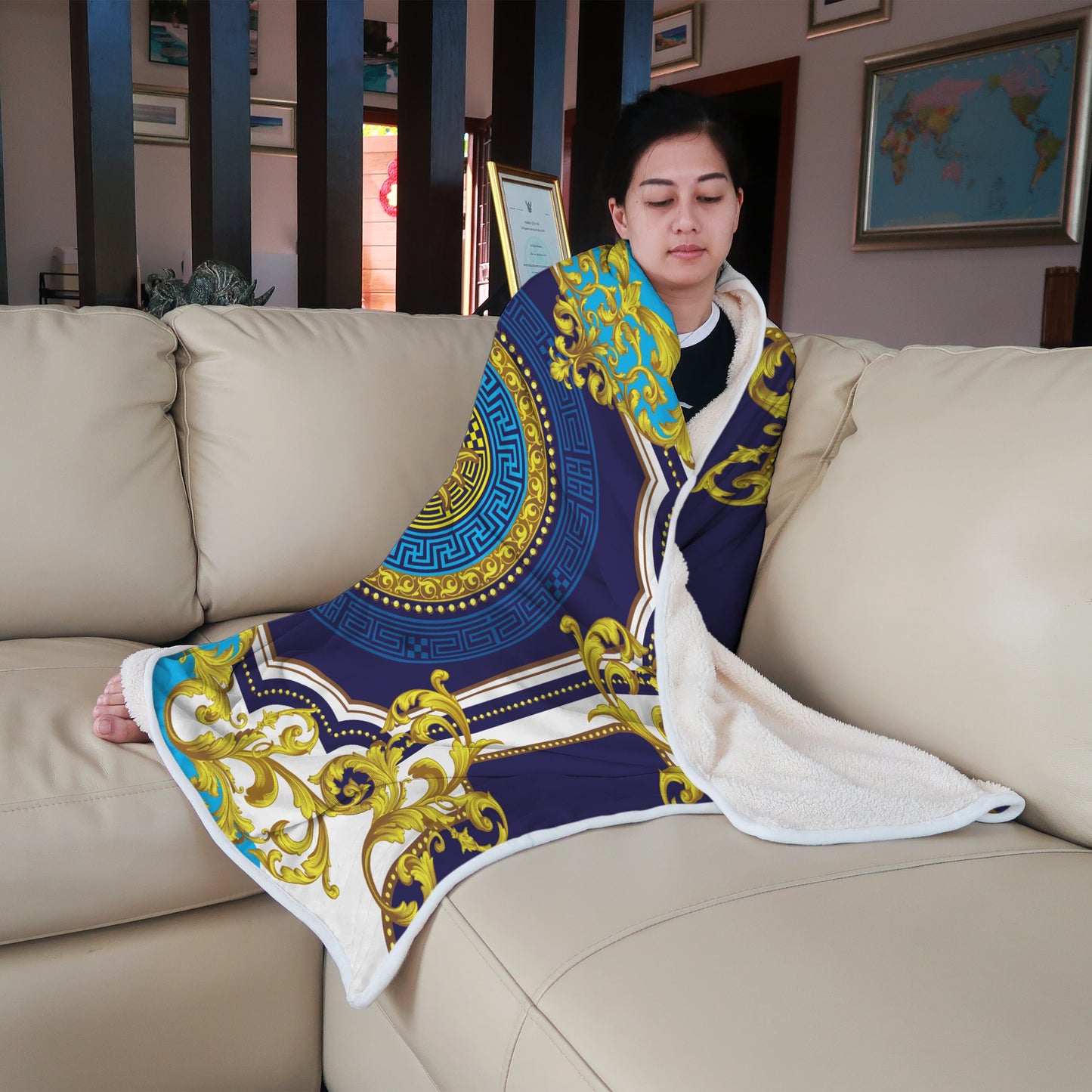 Customized  exclusive baroque blue-yellow retro design Blanket Sofa • Quilt • Bedspread