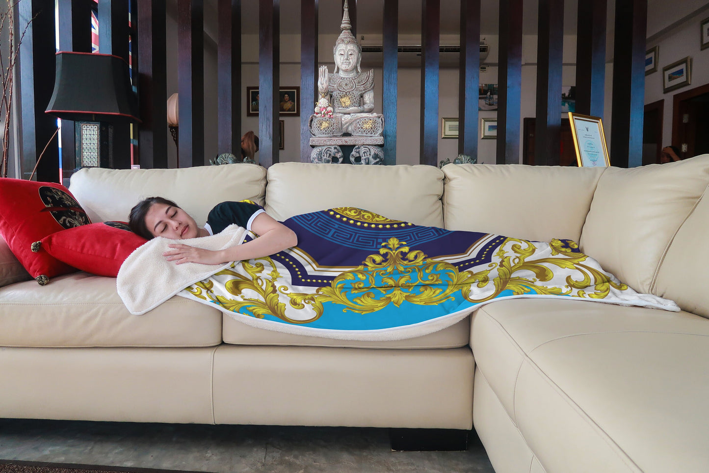 Customized  exclusive baroque blue-yellow retro design Blanket Sofa • Quilt • Bedspread