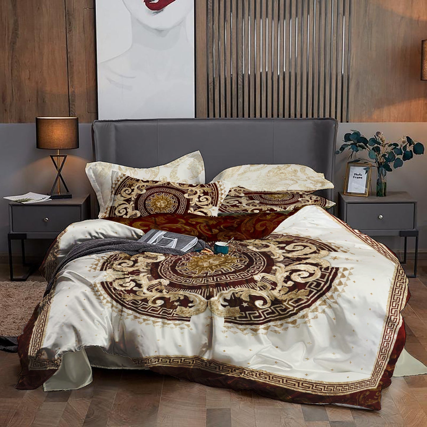 Baroque Eccentric Personalised Dark Red -Beige Bedding set • Reversible design • Cotton • microfiber • AU, EU, USA, queen, king