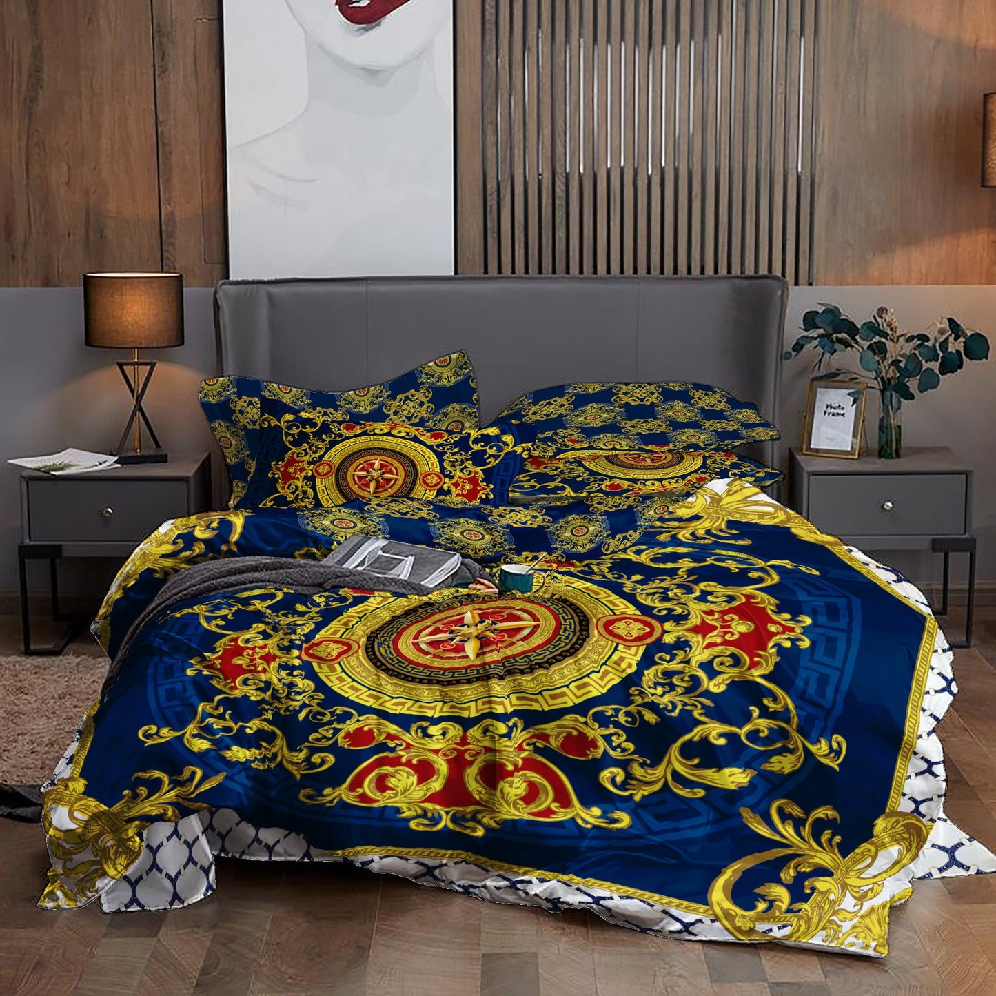 Eccentric Baroque Blue Yellow White Personalised design Bedding set • Reversible design • Cotton • microfiber • you LOGO in center